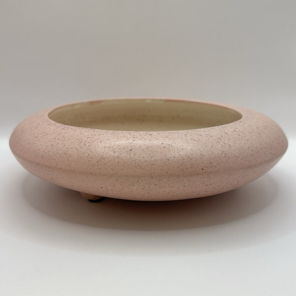 MCM Vtg Ceramic Speckled Pink UFO Saucer Planter Footed Atomic Space Curve Plant